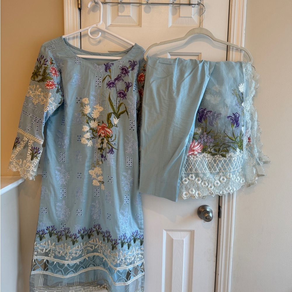 Floral Embroidered Kids Dress Set - Blue